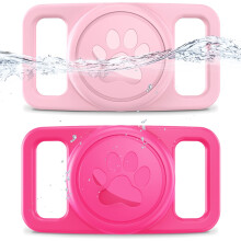 2 Pack Waterproof Dog Collar Holder for AirTag, Shockproof Silicone Pet Tracker Case for Cats and Dogs, Pink and Rose Red