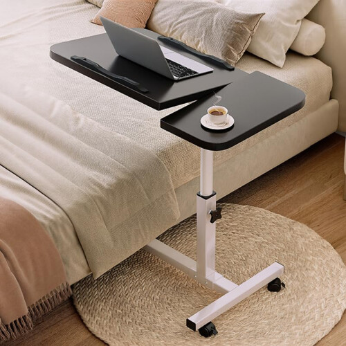 Adjustable Overbed Laptop Table with Wheels, White Bedside Rolling Desk for Elderly, Lockable Design