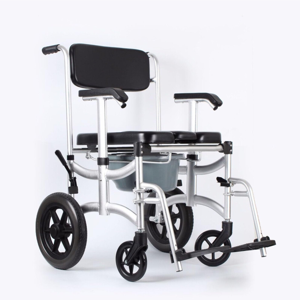 4 in 1 Shower Commode Chair for Elderly, Adjustable Height Wheelchair with Padded Seat and Lockable Wheels