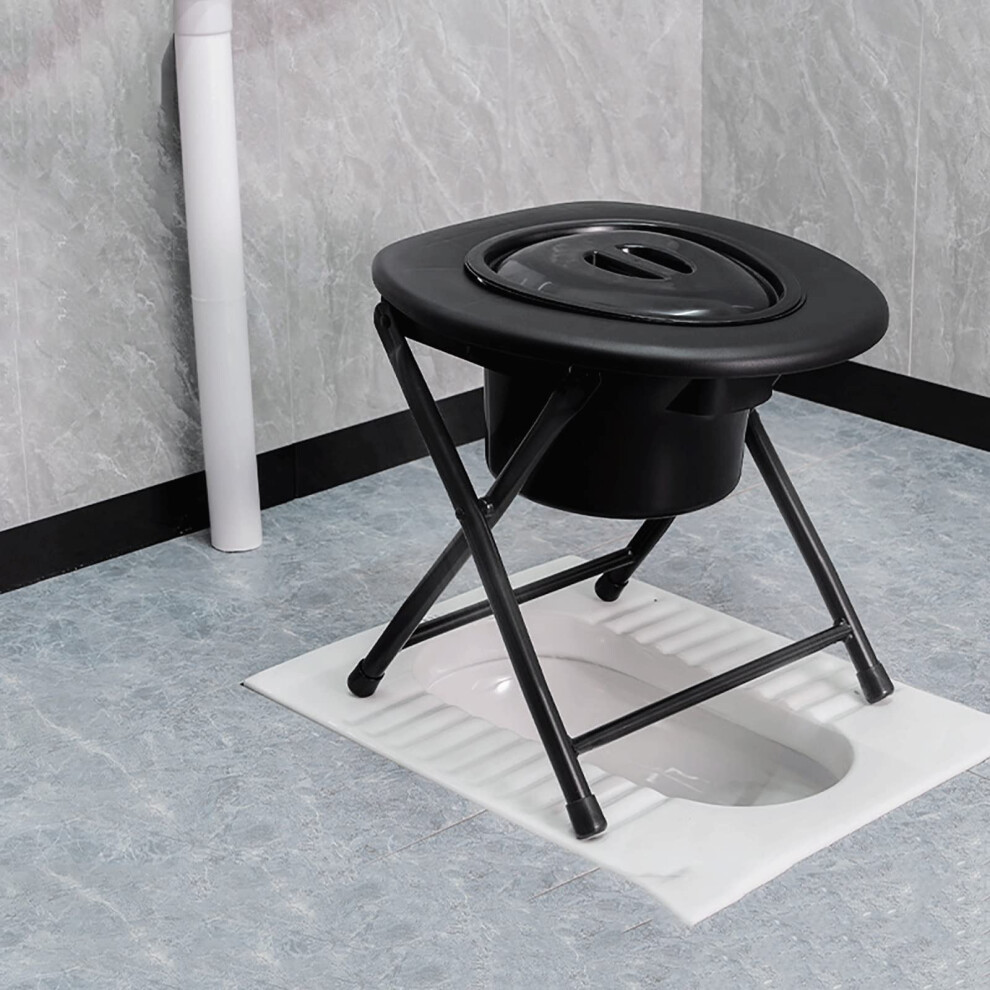 Portable Commode Chair for Elderly, Folding Toilet Chair with Lid, Lightweight NonSlip Stable Base