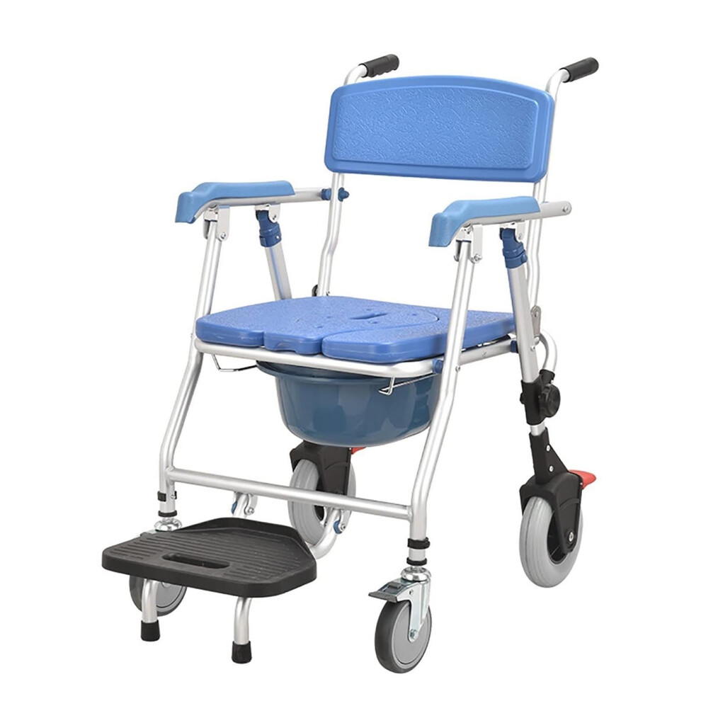 Foldable Bedside Commode Chair with Wheels and Footrest, Lightweight Shower and Transport Wheelchair for Elderly