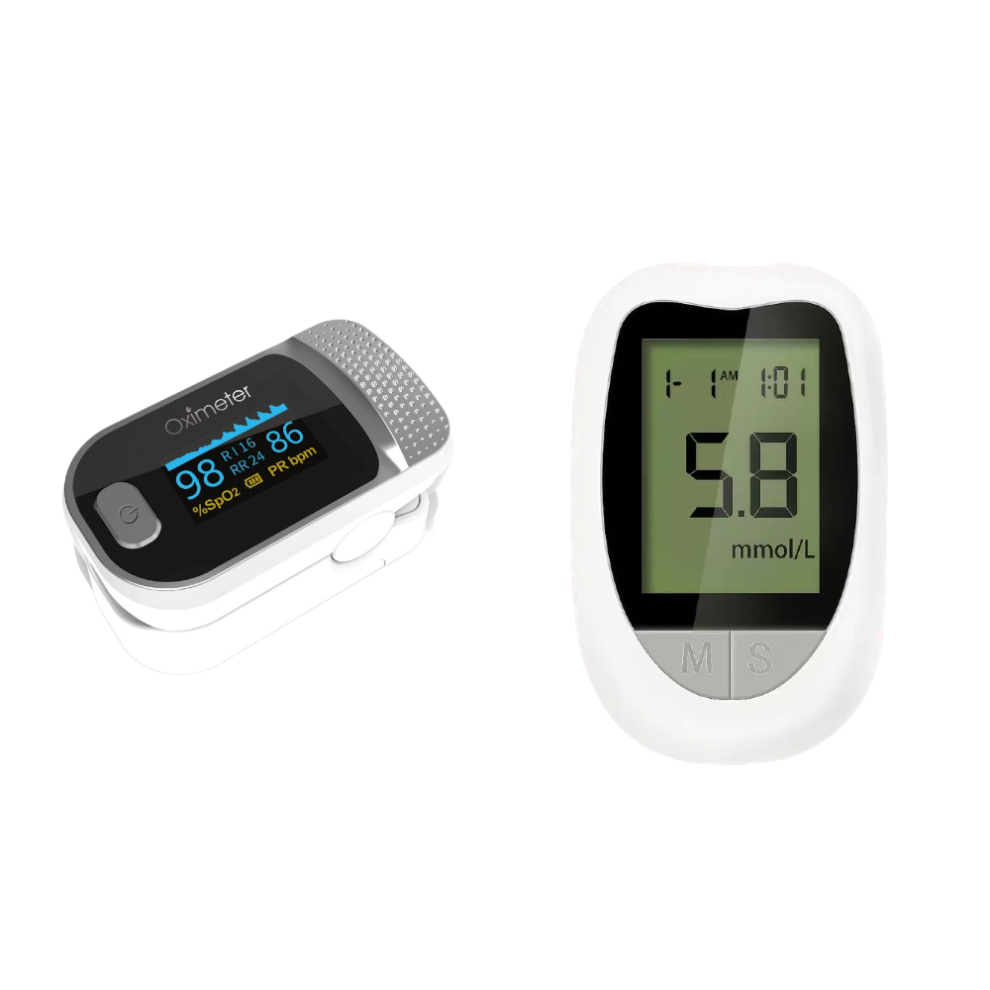 4-in-1 fingertip pulse oximeter + blood glucose meter, SpO2 monitor, PI respiratory rate monitor.