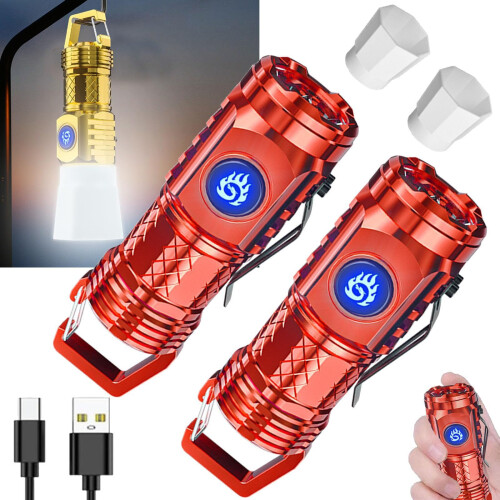 USB C Rechargeable Keychain Flashlight,  Lumens Mini EDC Light, Waterproof, 2 Pack Red