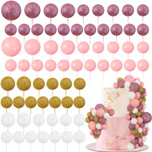 66 PCS Colorful Ball Cake Toppers with Pink Pearl Cupcake Decorations, 4 Sizes for Wedding and Birthday