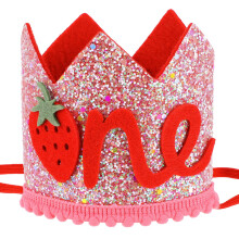 Strawberry First Birthday Crown for Baby Girl, Pink Sequin 3D Design, Adjustable and Photo‑Ready Party Hat
