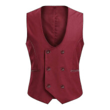 (L, Dark Red) Men's Wedding Vest, Double Breasted Solid color Slim fit Waistcoat Suitable for Weddings and Formal Occasion
