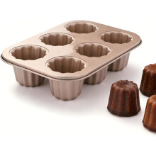 6-hole canelé mold, non-stick, carbon steel, suitable for French pastry baking.