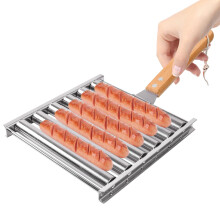 Hot Dog Roller for Grill Stainless Steel Sausage Rack 5 Capacity Even Cooking with Wooden Handle