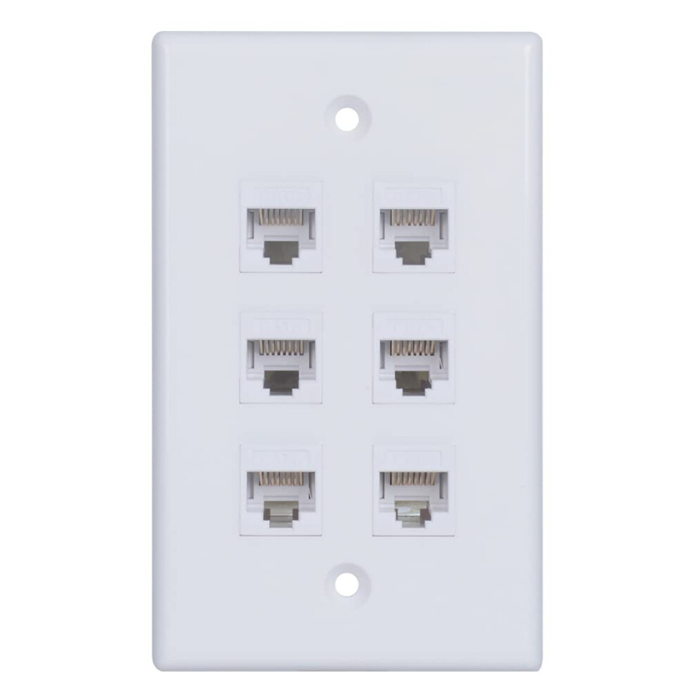 Cat6 Wall Plate 6 Port With Toolless Keystone Couplers, Durable Ethernet Wall Plate For Home Network (White) 9351714711678