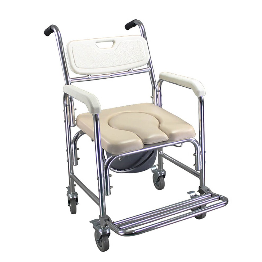 Foldable Shower Commode Chair with Wheels for Elderly, Padded Seat, Detachable Bucket, Lockable Wheels