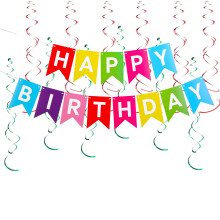 Rainbow Birthday Banner Set with Vibrant Colors and Metallic Swirl Streamers for Party Backdrop Decor