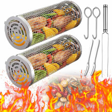 BBQ Grill Basket Set 2PCS, Nonstick Rolling Grill Basket for Vegetables and Seafood, Easy Rotation