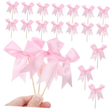 Pink Cake Toppers Set of 20 Elegant Ribbon Bow Cake Picks for Birthday and Party Decorations