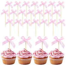 48pcs Pink Bow Cupcake Toppers, Elegant Coquette Style Cake Decorations for Bridal and Baby Shower