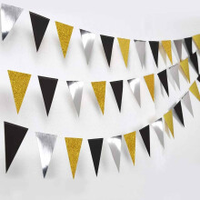 Glitter Banner 30ft Double Sided Triangle Flags Gold Silver Black Party Bunting for Birthday Wedding