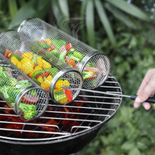 Grill Basket Set 3PCS Stainless Steel Rolling Grilling Nets for Vegetables and Shrimp, Outdoor BBQ Accessories