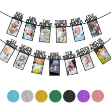 Baby First Birthday Photo Banner, Monthly Milestone Garland for Boys Girls, Silver Party Decoration