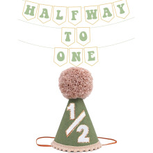 Half Birthday Decorations Sage Green 1/2 Birthday Hat and Prestrung Banner Set for 6 Month Baby Boys and Girls