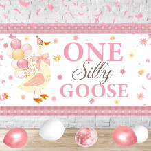 Pink One Silly Goose First Birthday Backdrop for Girl, Swan Theme Photo‑Ready Banner Party Decorations