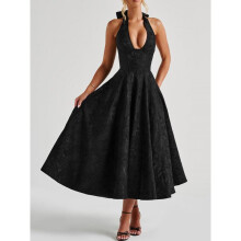 (Pink, S) 2026 V-Neck Halter Jacquard Evening Dress Elegant Backless Slim Fit