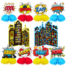 10pcs Superhero Honeycomb Table Centerpieces for Birthday Party, Bold Hero Theme Reusable Décor