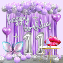 11th Birthday Decorations for Girls Purple and Silver Butterfly Balloon Arch Kit with Banner and Complete Party Decoration Set