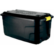 Coffre de rangement robuste en plastique Strata 145L avec roulettes, noir, pour jardin et garage