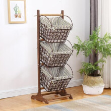 3 Tier Storage Basket Organizer with Water Hyacinth Baskets, Solid Acacia Frame, SpaceSaving Rack for Bathroom Kitchen