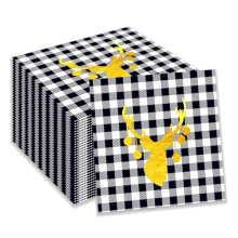 Christmas Paper Napkins 100 Pack Black and White Plaid Elk Design 6.5 Inch Disposable Holiday Table Decor
