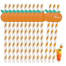 30Pcs Orange and White Striped Paper Straws, Biodegradable Drinking Straws for Baby Shower and Party