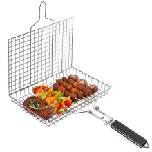 Stainless Steel Grill Basket with Foldable Handle for Fish Vegetables BBQ Outdoor Cooking