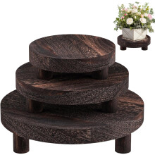 3 Pcs Dark Brown Wood Plant Stand Set, Round Wooden Riser with Raised Rim for Pots and Home Decor