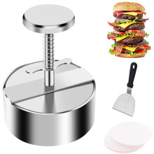 Adjustable Stainless Steel Burger Press 4.52 Inch Nonstick Patty Maker with Spatula and Papers for BBQ