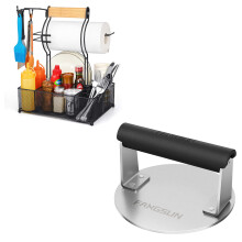 Grill Caddy and Heavy Duty Burger Press Combo, Organized Grill Station with Uniform Patty Press
