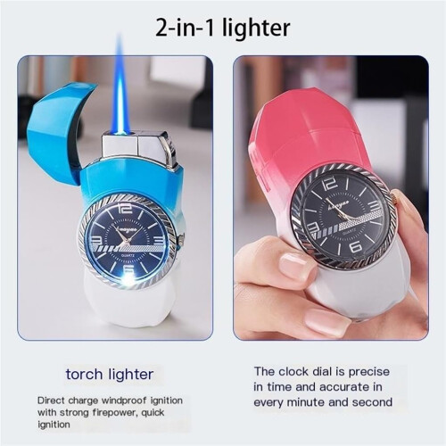 Car Shape Butane Jet Lighter with LED Clock Dial, Adjustable Flame Windproof Refillable Zinc Alloy Design (W2) 2
