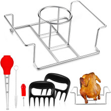 Stainless Steel Beer Can Chicken Holder Stand with Marinade Injector and Meat Claws for BBQ Grill Smoker