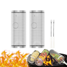 BBQ Grill Basket 2PCS Stainless Steel Mesh Rolling Grilling Basket for Fish Vegetables Outdoor Cooking 3.54x3.54x7.87 inch