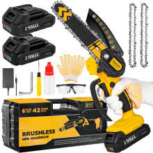 6 Inch Cordless Mini Chainsaw with 2 Batteries, Powerful 700W Motor, Lightweight One Hand Pruning Saw