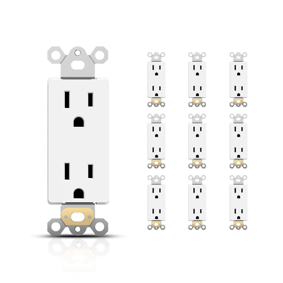 White Electrical Wall Outlet 15 Amp Receptacle, Selfgrounding Residential Grade, Standard 3Prong, 10 Pack 9045646511719