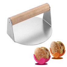 Stainless Steel Smash Burger Press 5.5 Inch Patty Maker with Ergonomic Wood Handle and 2 Burger Holders