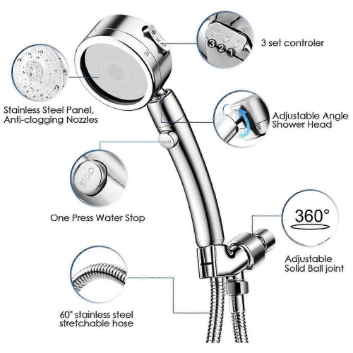 Handheld Shower Head with ON/OFF Pause Switch &amp; 3 Spray Setting High Pressure Showerhead with Extra 2