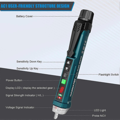 Non-Contact Voltage Detector,HANMATEK AC1 Adjustable Sensitivity/LCD Display/LED Flashlight/Dual Range 12V/48V-1000V 1