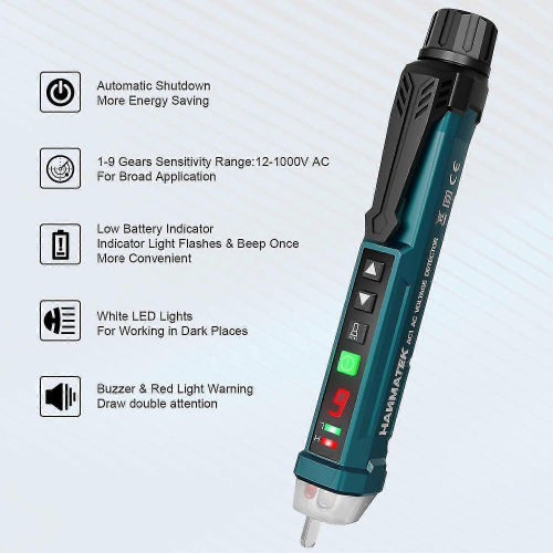 Non-Contact Voltage Detector,HANMATEK AC1 Adjustable Sensitivity/LCD Display/LED Flashlight/Dual Range 12V/48V-1000V 2