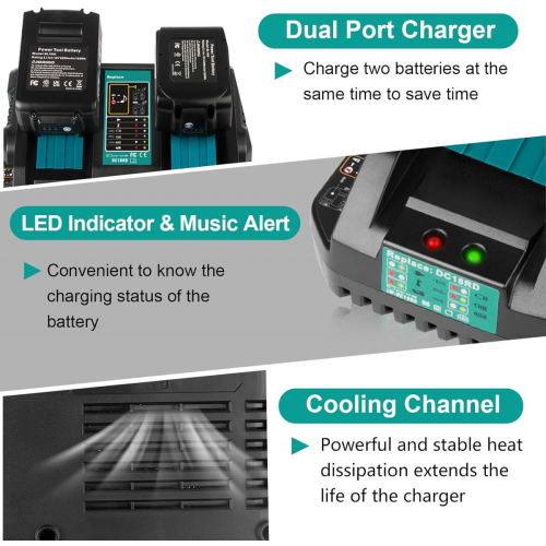 DC18RD 14.4V-18V Ταχύς φορτιστής διπλής θύρας συμβατός με μπαταρία Makita 18V 2