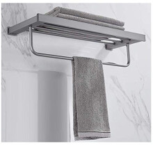 Space Gray Aluminum Wall Mounted Towel Rack, NoDrill Installation, DualLevel Storage, Modern Finish
