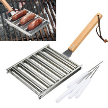BBQ Hot Dog Roller Stainless Steel Sausage Grill Rack with Extra Long Wooden Handle for Even Cooking Outdoor Grill 5 Capacity