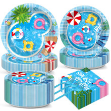 Summer Pool Party Supplies for 50 Guests, Complete Beach Party Tableware Set with Plates, Napkins and Forks