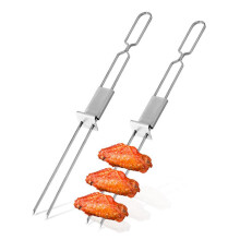 Double Pronged BBQ Skewers with Push Bar, Reusable Stainless Steel Grilling Skewers Set for Meat Veggies, 5 Pcs