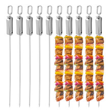 10pcs Stainless Steel BBQ Skewers 35cm with Easy Push Bar, Reusable Metal Kabob Sticks for Meat Shrimp Chicken Grill