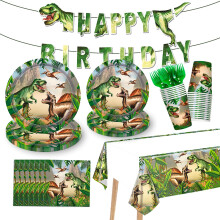 Dinosaur Birthday Party Supplies for 24 Guests, Complete Dino Decorations Tableware Set with Banner and Waterproof Tablecloth